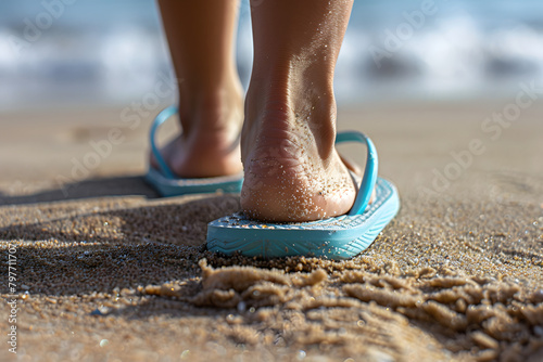 Close-up of a flip-flop clad foot stepping onto soft beach sand, capturing the essence of summer leisure