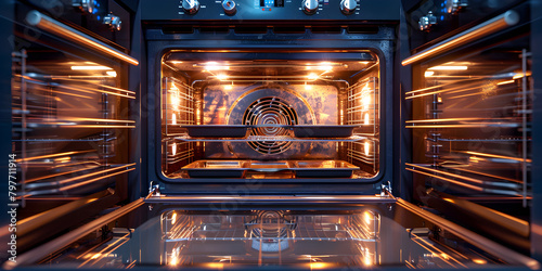 A Close-Up View of an Electric Oven with the Door Open Perfect for Demonstrating Cooking and Baking Techniques photo
