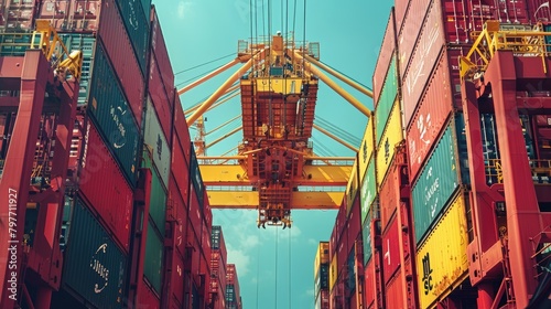 Cargo containers being loaded onto a ship