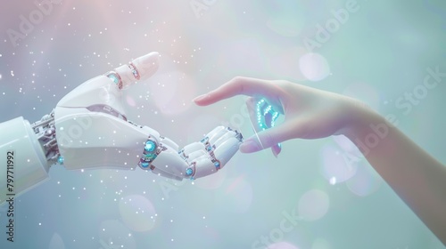 White cyborg robotic hand touching to human hand with stretched finger. photo