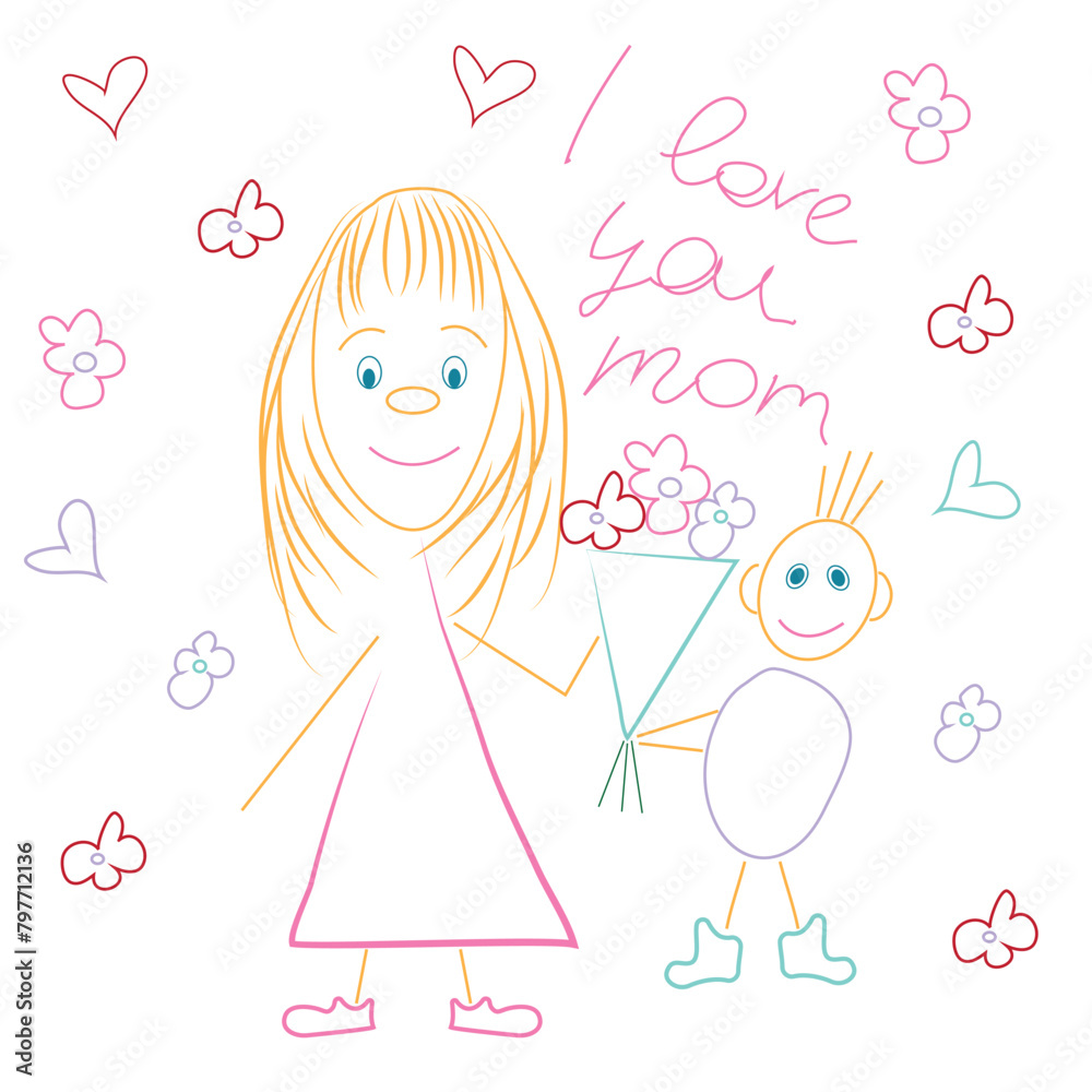 simple, children's drawing of a mother with a child who gives a bouquet of flowers and words of love to her mother, drawn with doodles by a child's hand, for posters, cards or banners simple, children's drawing of a mother with a child who gives a bouquet of flowers and words of love to her mother, drawn with doodles by a child's hand, for posters, cards or banners