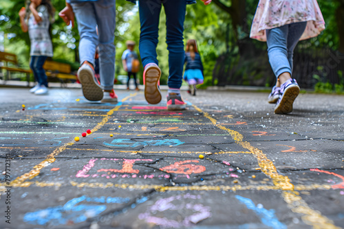Detailed view of a chalk-drawn hopscotch game on pavement, with children's feet jumping from square to square photo