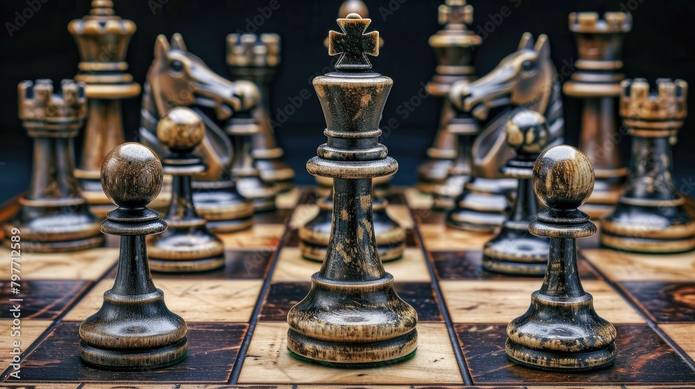 Chess pieces arranged strategically on a board Chess pieces arranged strategically on a board