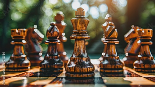 Chess pieces arranged strategically on a board photo