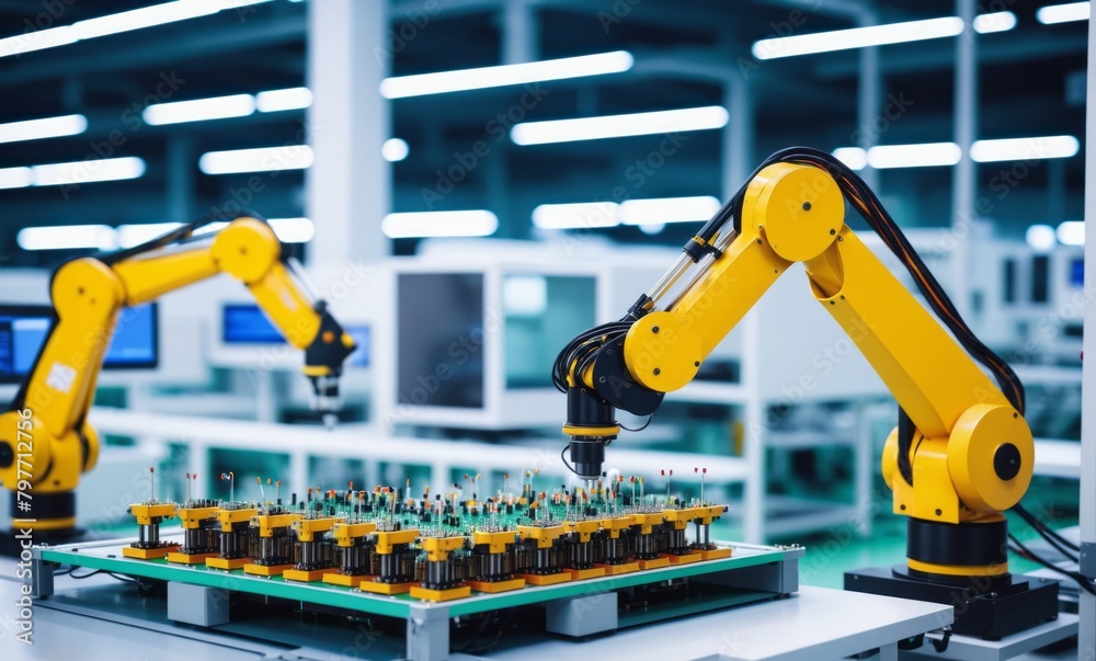 Advanced High Precision Robot Arms on Fully Automated PCB Assembly Line Inside Modern Electronics Factory. Electronic Devices Production Industry