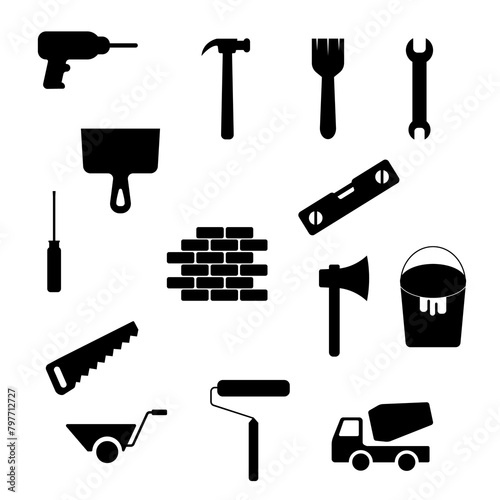 Illustration depicting a set of icons of construction equipment and tools in black, on a white background