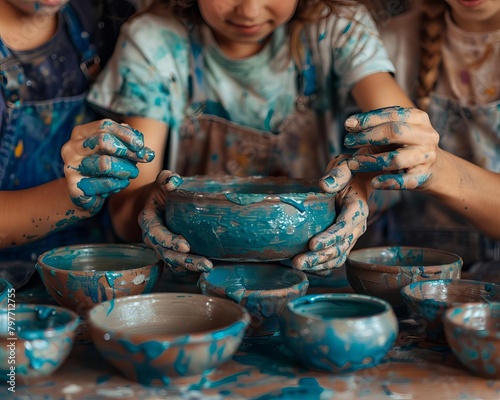 Family crafting time, hands making pottery and painting ceramics, showcasing creativity and bonding over art