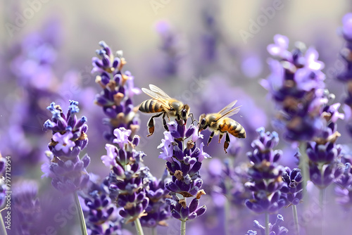 Close-up of a summer garden with bees buzzing around blooming lavender, focusing on the interaction between nature and wildlife 