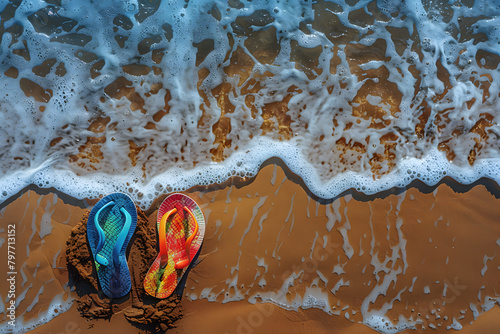 Close-up of colorful summer sandals on a sandy beach, with the ocean waves gently lapping near them