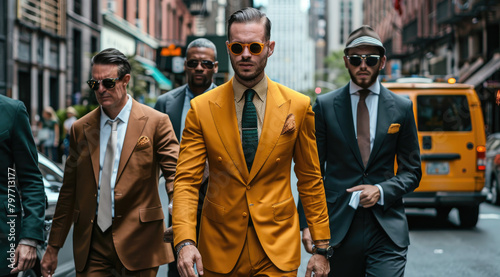 A young man in an amber suit walks down the street, surrounded by other men dressed in suits and wearing sunglasses