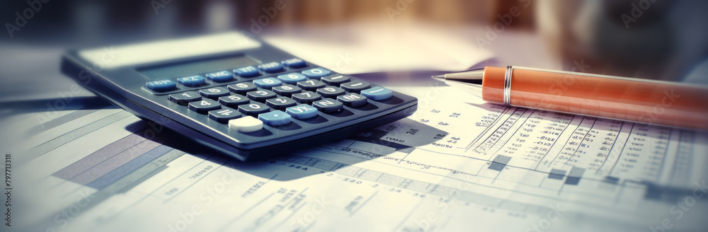 Calculator on financial documents with data and graphs, symbolizing business and financial analysis Calculator on financial documents with data and graphs, symbolizing business and financial analysis