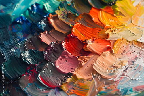 Close-up of a painter’s palette with various colors mixed together, focusing on the texture and richness of the paint