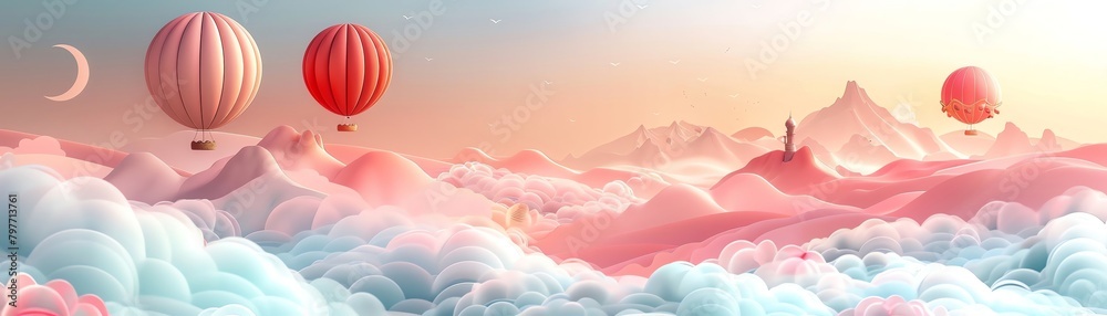 Whimsical cloudscape with floating islands and balloons, dreamy and serene, vector illustration, soft pastel tones, no realistic landscapes