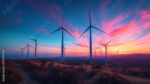 Twilight Glow on Metallic Wind Turbines Against Evening Sky