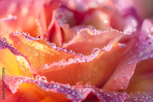 Extreme close-up of vibrant, dew-covered petals of a fresh rose in a garden, emphasizing texture and color 