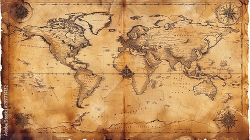 Vintage map of a fictional world, aged paper texture, oldworld charm, detailed hand drawing, sepia tones, no modern elements photo