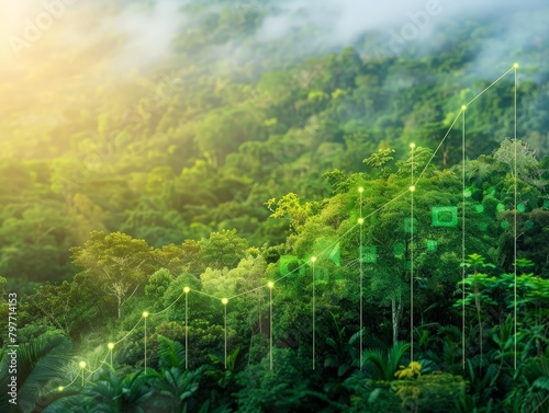 A rising green growth chart is superimposed over a lush rainforest landscape bathed in warm sunlight, symbolizing environmental conservation and sustainable growth. © PorchzStudio
