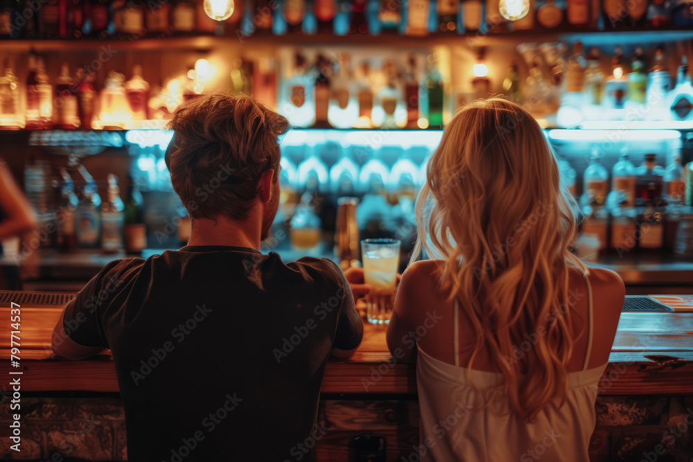Man sitting next to a blonde woman at a bar and drinking alcohol. Generative AI Man sitting next to a blonde woman at a bar and drinking alcohol. Generative AI