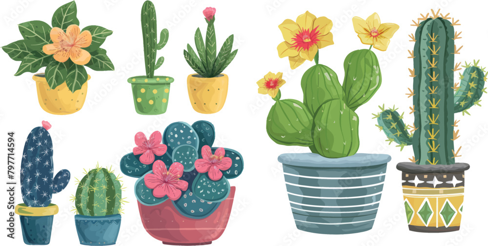 Houseplants and flowerpots. Cactus and Primrose Houseplants and flowerpots. Cactus and Primrose