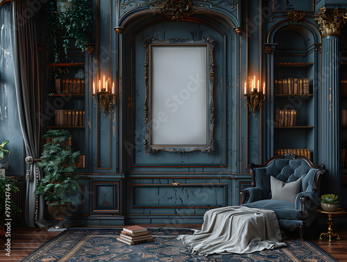 Baroque Beauty: Vampire's Bedroom Featuring White Frame Mockup and Antique Books