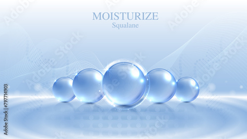 Moisturizer and hyaluronic acid on a blue background. skin care with water droplets is absorbed into the skin and cells. use ads, lotions, serums, creams. medical and scientific concepts. vector.