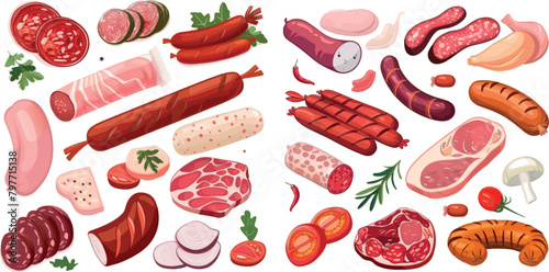 Sausages illustration. Fresh meat and boiled sausage, salami and chicken