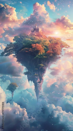 Surreal floating islands, ethereal sky in the background, dreamy, digital painting, soft pastel colors, avoid realistic landscapes