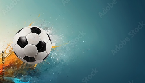 Dynamic and bright illustration of a soccer ball on a blue background with blue and yellow paint splashes. Concept football poster, design, banner. Copy space, Euro 2024. © Pink Zebra