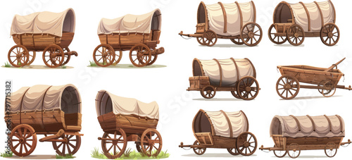 Wooden wagons. Covered tent wagon, farm handicraft vehicles old cartoon carts or western wheelbarrows