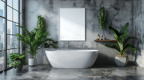 A modern bathroom with a freestanding bathtub and a framed empty poster on the wall, decorated with large potted plants, light interior concept of relaxation space. Generative AI