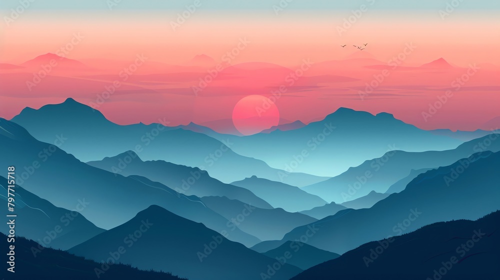 Stylized mountain range with sunset and birds, serene and natural, vector illustration, cool evening colors, no human presence