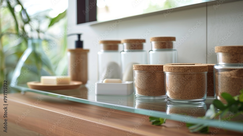 Elevating Bathroom Décor with Eco-friendly Vibes through Cork-Lidded Jars on a Sleek Glass Shelf Elevating Bathroom Décor with Eco-friendly Vibes through Cork-Lidded Jars on a Sleek Glass Shelf