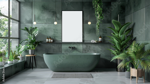 Modern bathroom interior with bathtub and framed poster  surrounded by green plants  under natural light. Generative AI