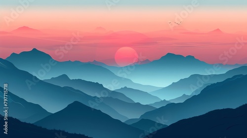 Stylized mountain range with sunset and birds, serene and natural, vector illustration, cool evening colors, no human presence © Phawika