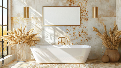 Luxurious bathroom with a modern bathtub, framed blank poster, and rustic decorations on a textured background, imbued with natural light, Generative AI. © ImageFlow