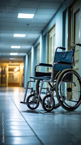 Empty wheelchair in hospital corridor. Health care concept. Disability concept with copy space.