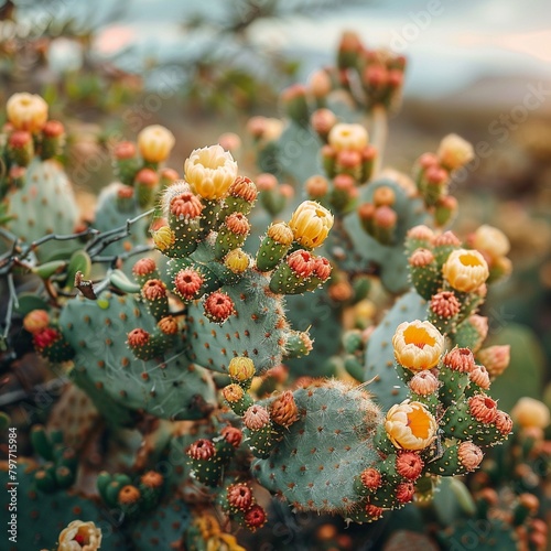 Closeup of cacti flourishing in a desert during a rare La Nina rainy season, vibrant and alive