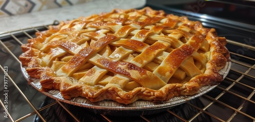 Crisp and tangy apple pie fresh from the oven with lattice crust.