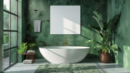 Modern bathroom interior with a white bathtub  green walls  plants  and a blank banner. Generative AI