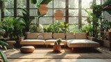 Scandinavian Style Living Room with Wooden Furniture and Plants