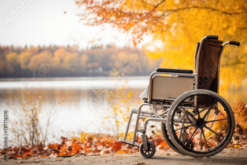 Wheelchair in a park on the shore of a lake in autumn. Disability concept with copy space.