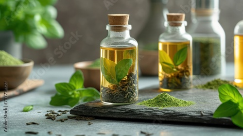 raw matcha green tea in the transparant bottle package  kitchen background setting