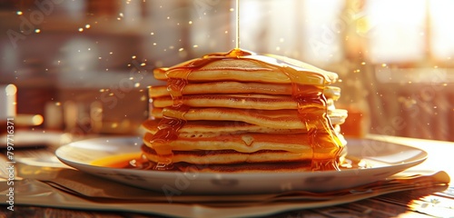 Fluffy pancakes stacked high and drizzled with maple syrup. photo