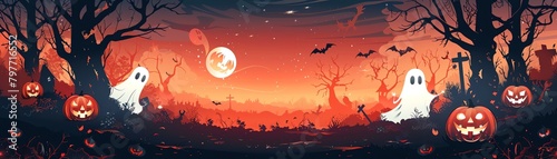 Spooky Halloween scene with cartoon ghosts and pumpkins, festive and fun, vector illustration, orange and black palette, no scary elements
