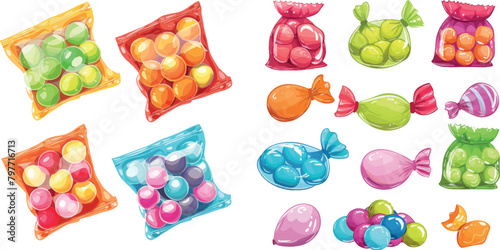 Chewing dragee. Gummy macula bubblegum in container wrappers, cartoon bubble gum chewy mint