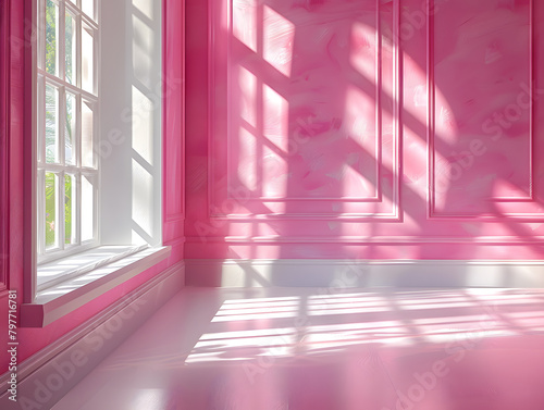 Light-Filled Ambiance: White Frame Mockup Against Pastel Pink Wall with Mirror Reflections