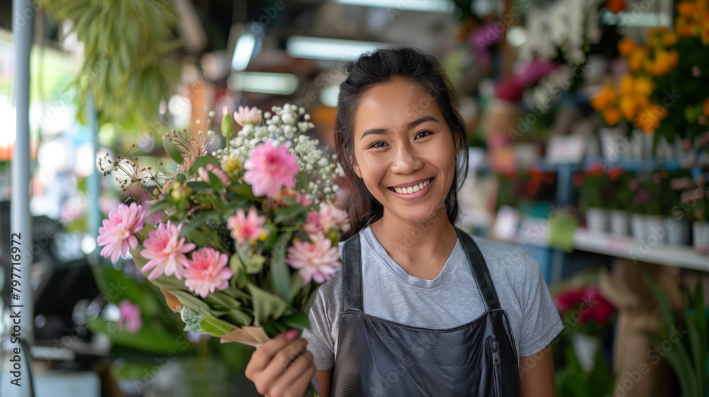 A smiling woman holding a bouquet of pink flowers in a flower shop, surrounded by various blooms, Generative AI