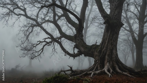  A gnarled tree with a twisted trunk and limbs that resemble outstretched claws, looming ominously in the fog ai_generated