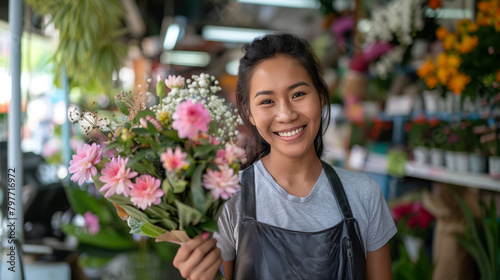 A smiling woman holding a bouquet of pink flowers in a flower shop, surrounded by various blooms, Generative AI © ImageFlow
