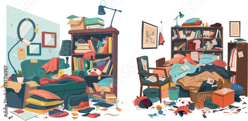 Disorderly room. Clutter interior mess house apartment, cluttered clothes